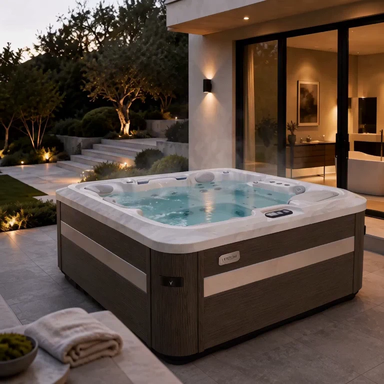 Spa blanc sur une terrasse au crépuscule — visuel fourni, niveau d’eau retouché